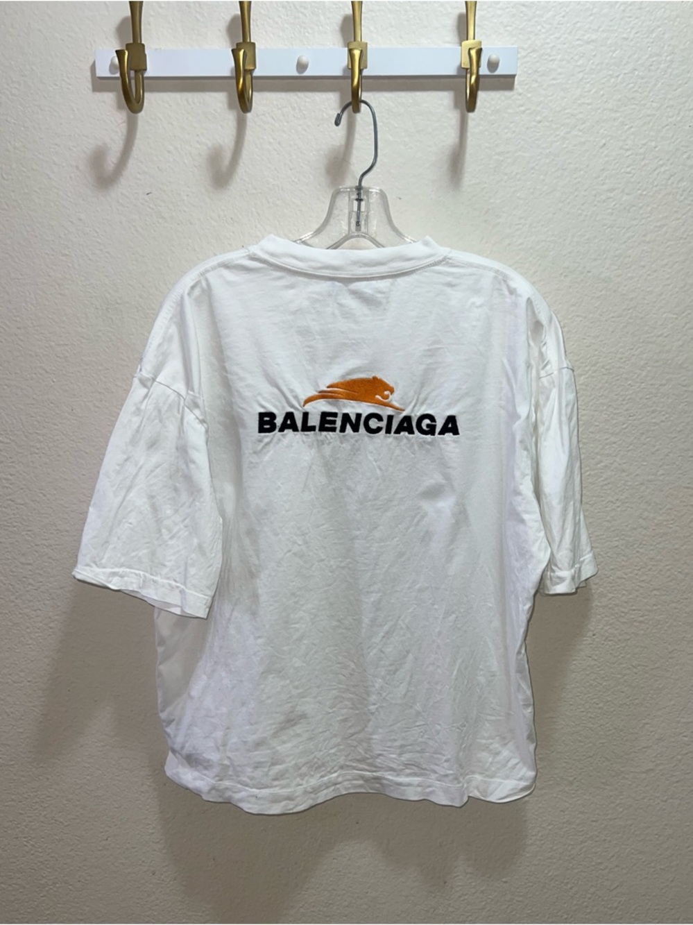 Balenciaga White Tee with Embroidered Black Logo and Orange Graphic